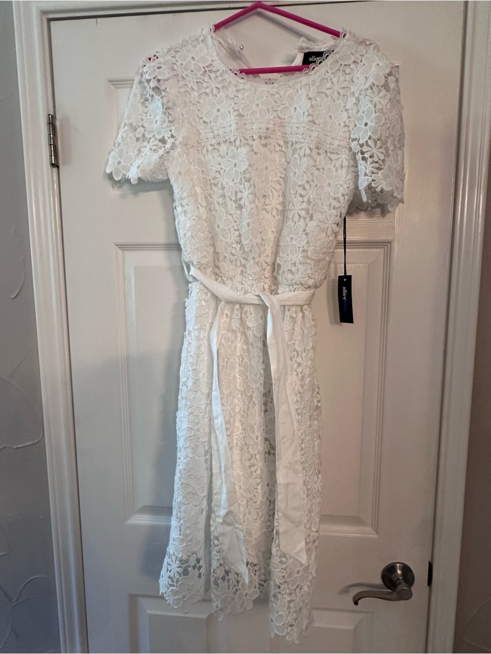 Alice Blue White Floral Lace Midi Dress with Tie Waist NWT